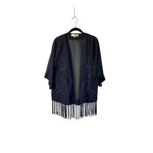 Pia Rossini navy blue embroidered fringe, cover-up boho cardigan, M